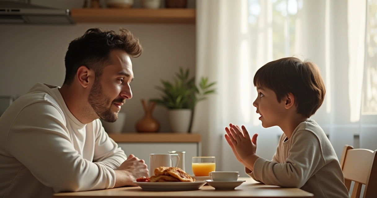 Adulto e criança conversando à mesa 