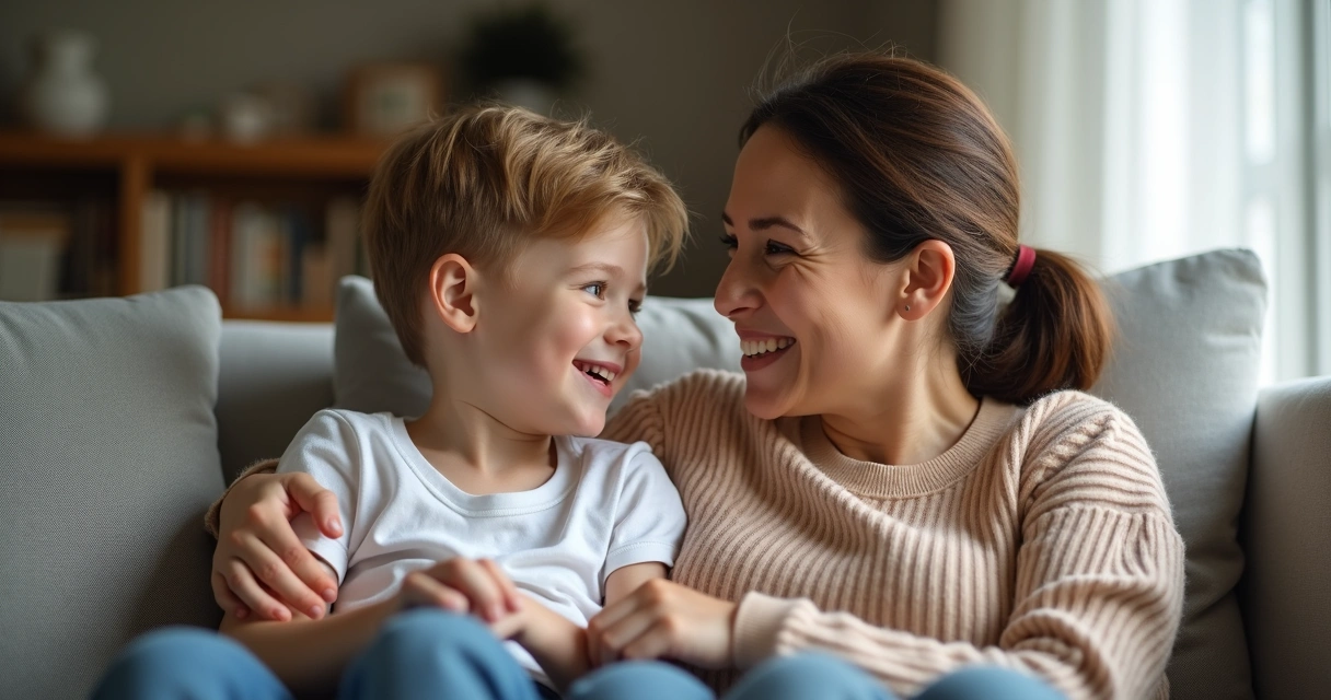 Mãe e filho conversando sentados no sofá, ambos sorrindo, expressão de entendimento mútuo 