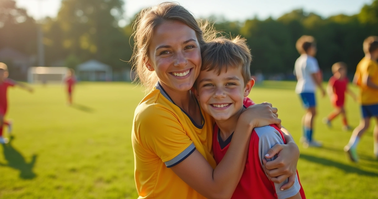Mãe abraçando filho em uniforme de futebol no campo de grama 