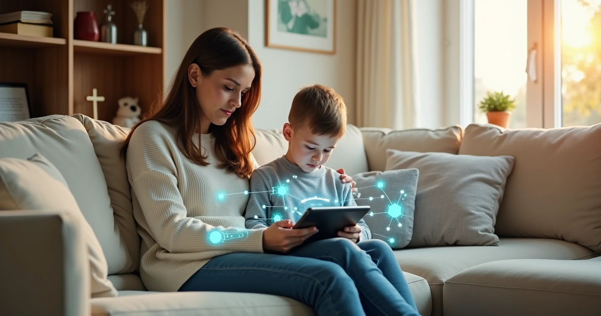 Mãe observa filho usando tablet em sala com hologramas de tecnologia 