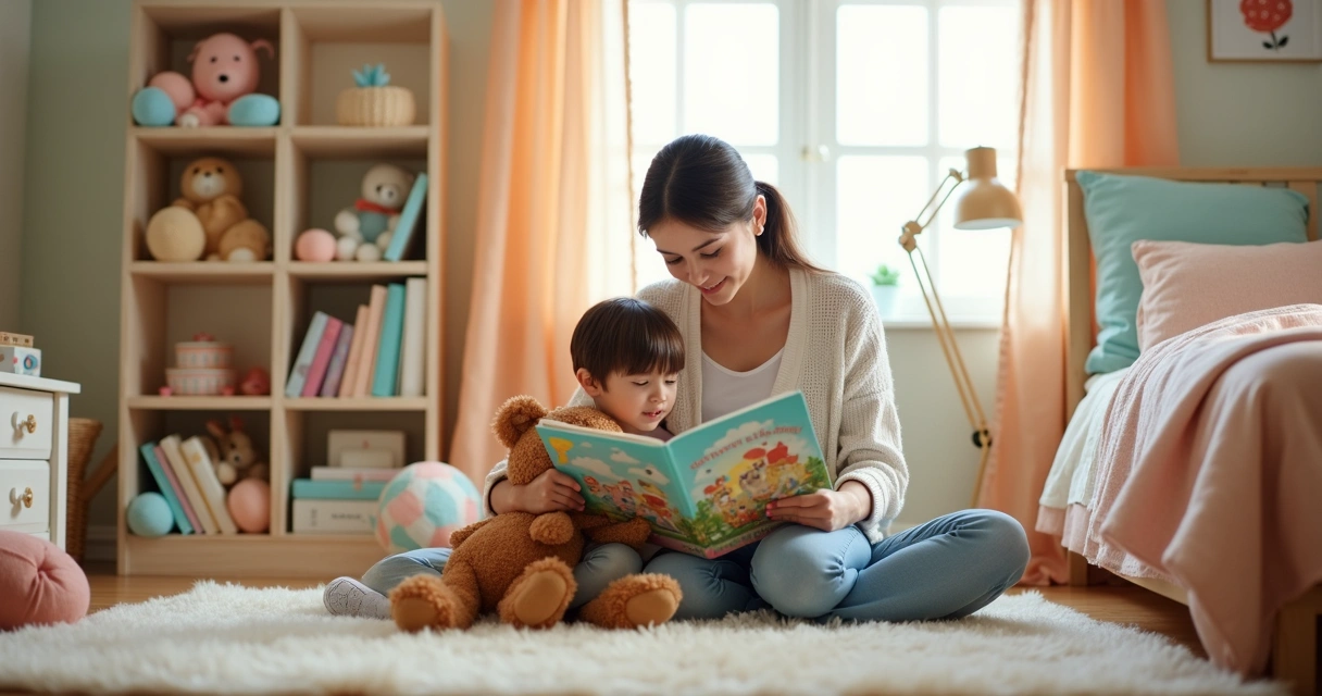 Mãe lendo para filho em quarto infantil com bonecos 