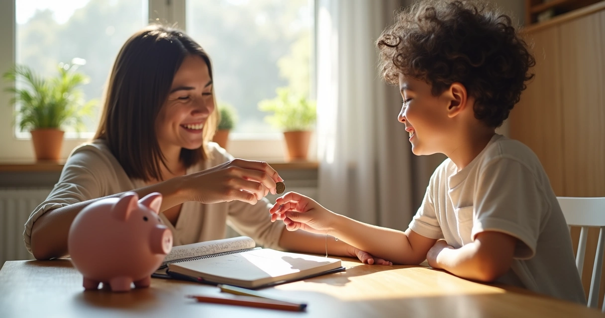 Mãe entrega moeda de mesada para filho pequeno sentado à mesa