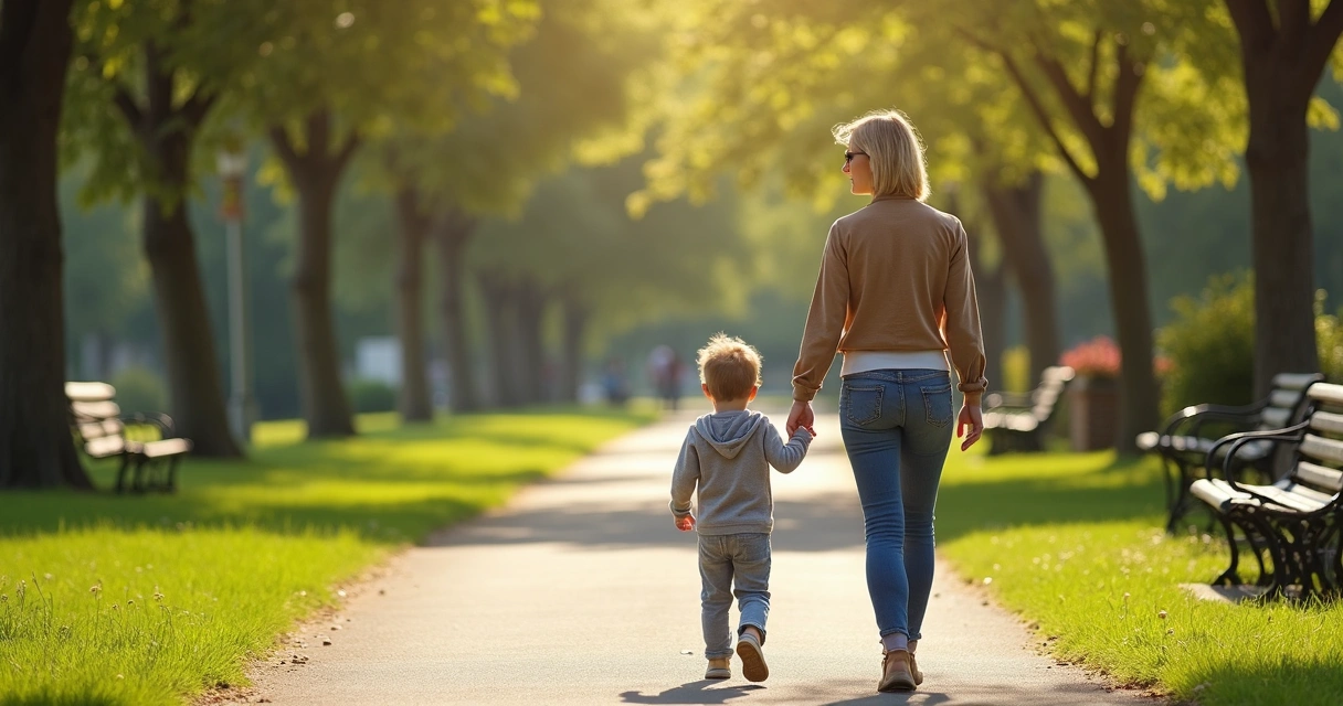 Mãe caminhando em parque com filho pequeno de mãos dadas