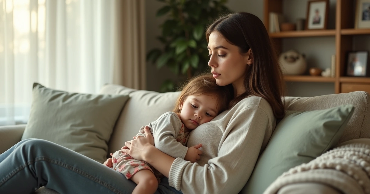 Mãe pensativa abraçando o filho pequeno em um sofá, refletindo sobre padrões emocionais herdados 