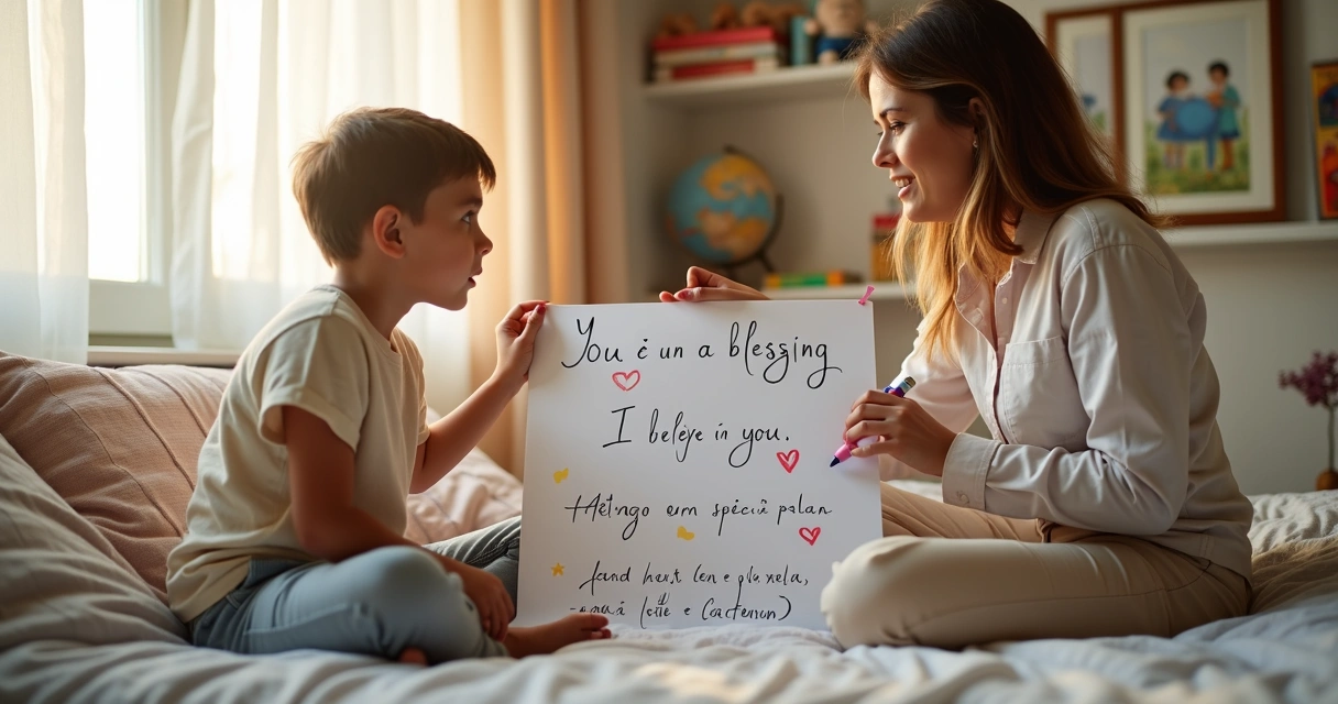 Mãe conversando com filho perto da janela escrevendo palavras de bênção em cartaz colorido 