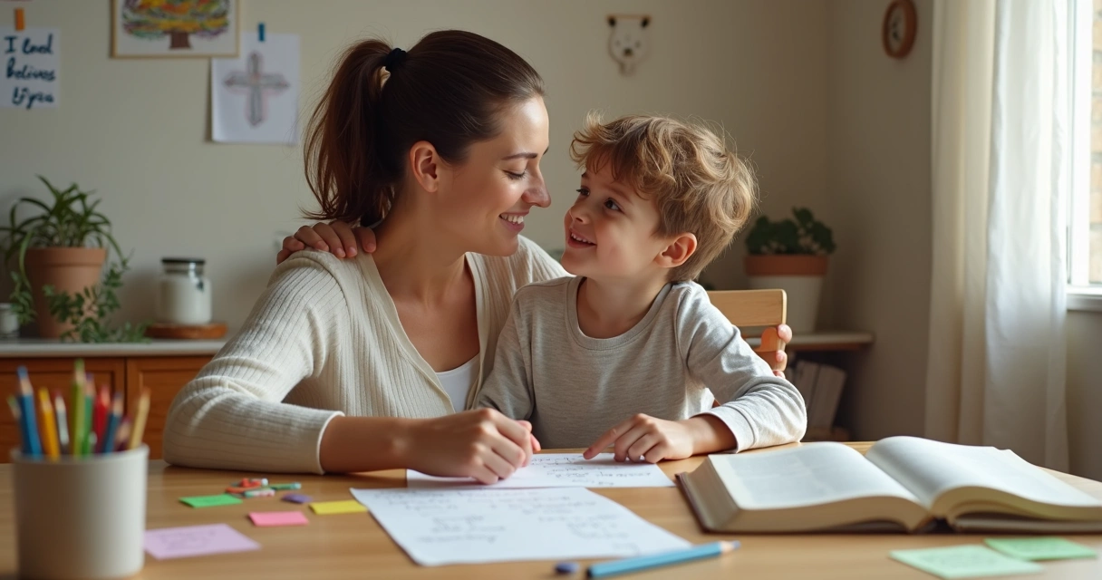 Mãe cristã abraçando filho enquanto escreve palavras de encorajamento em cartão colorido 