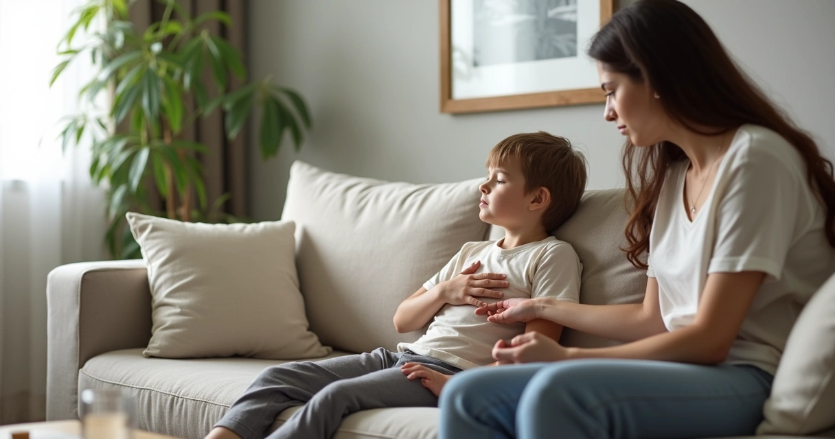 Mãe tocando o peito do filho preocupado no sofá 