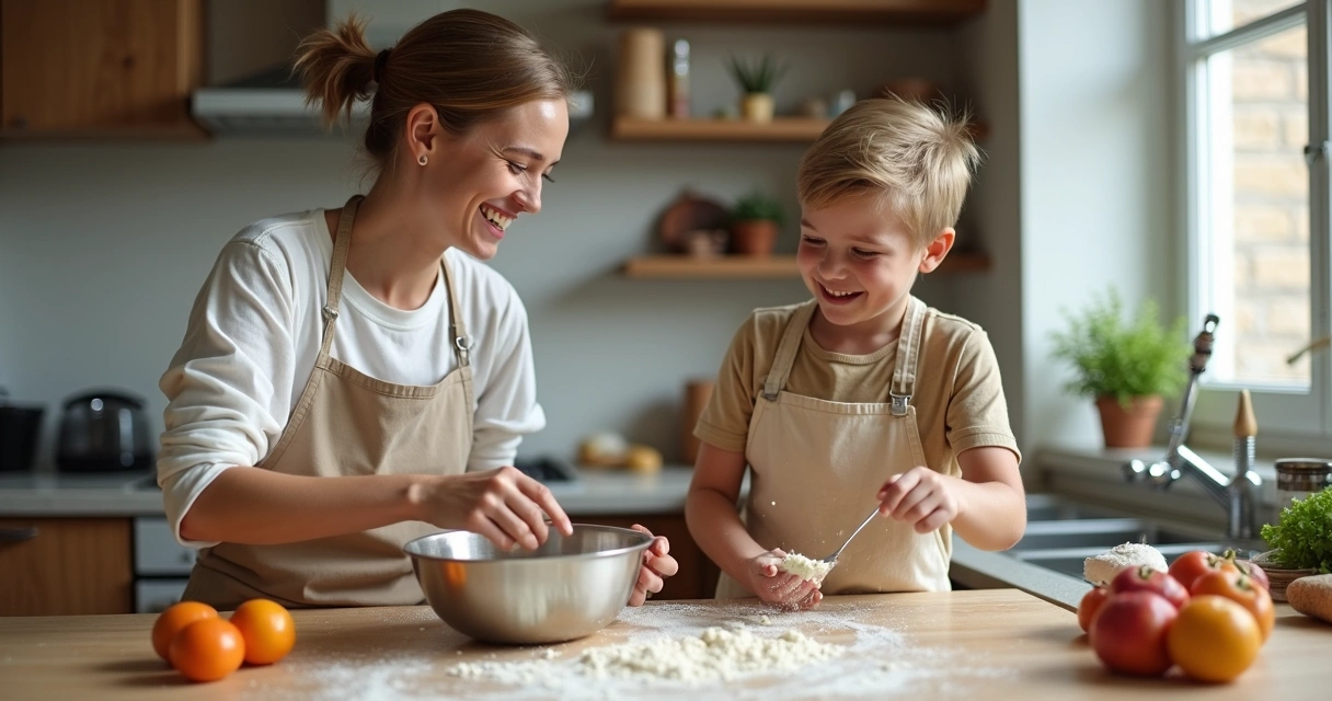 Mãe e filho aprendendo juntos na cozinha e sorrindo 