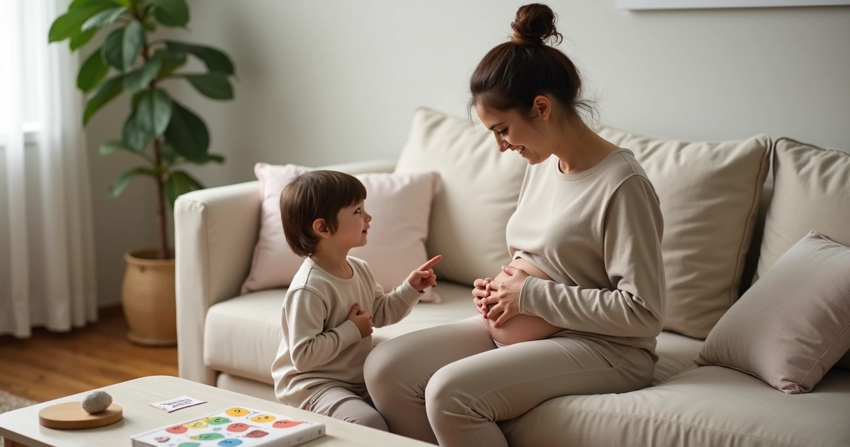 Mãe sentada no sofá ensinando regulação emocional ao filho pequeno 