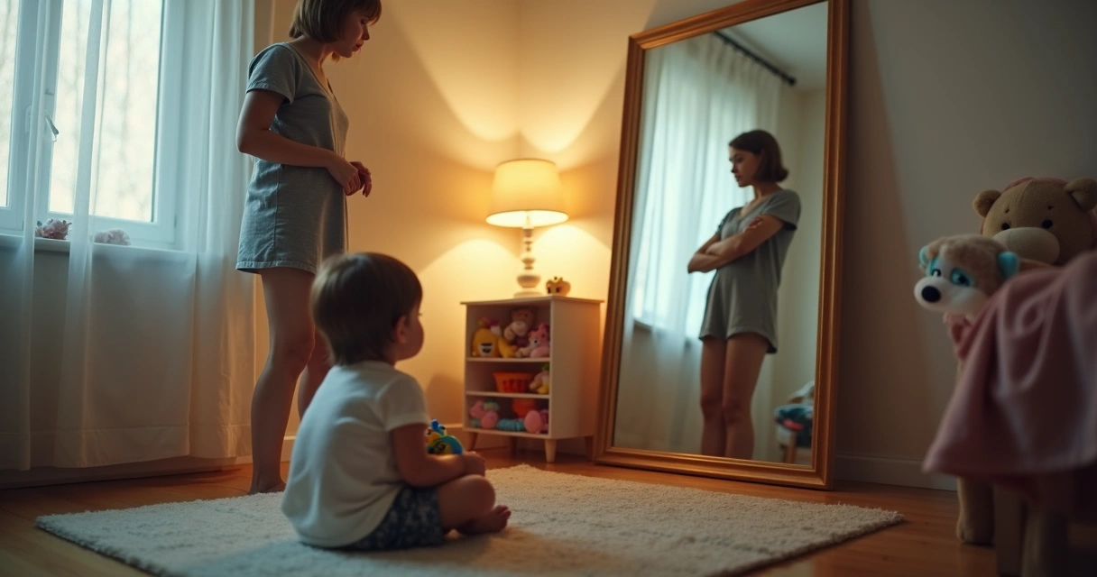 Mãe e filho refletidos no espelho com sombras emocionais ao fundo 