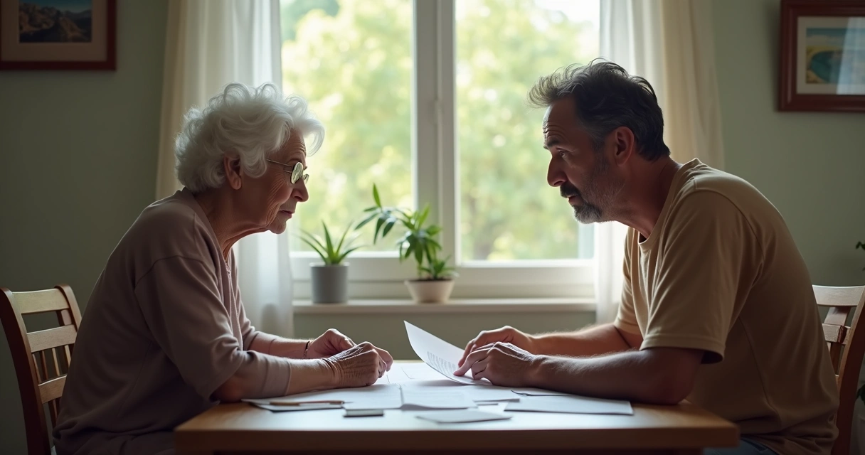 Mãe e filho idosos sentados juntos, analisando documentos de aposentadoria 