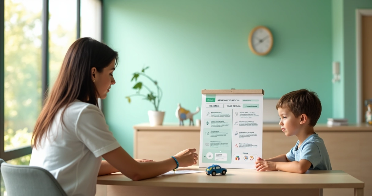 Mãe observando tabela comparativa sobre vacina de pneumonia para o filho em clínica pediátrica 