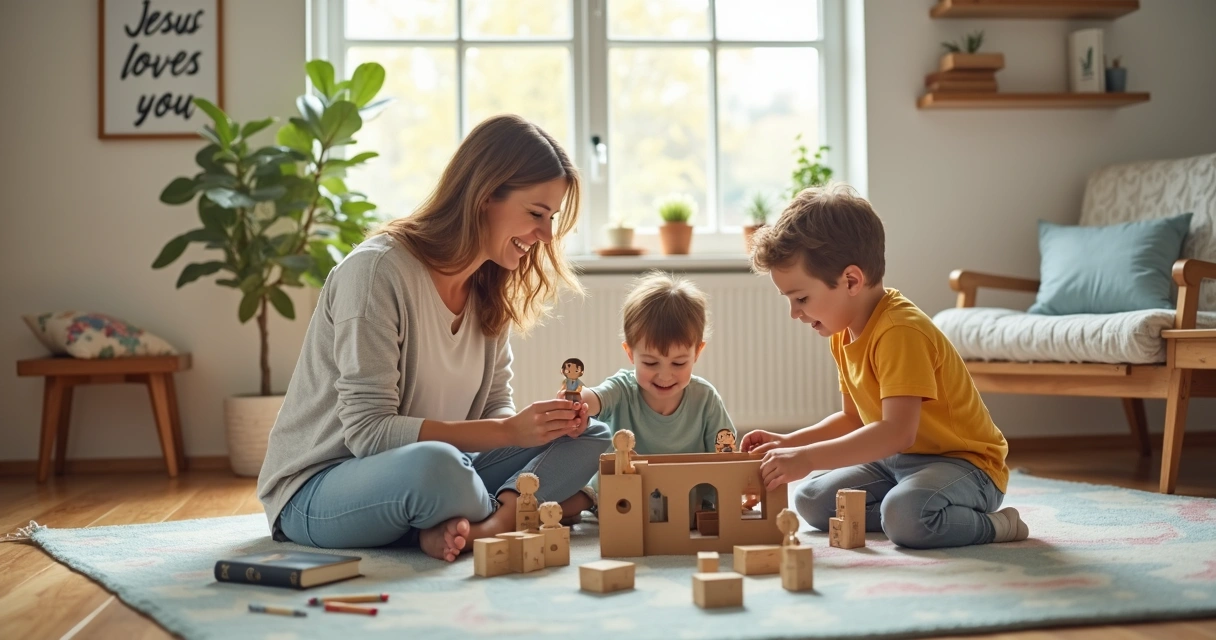 Mãe cristã brincando com filhos pequenos em tapete de sala colorida 