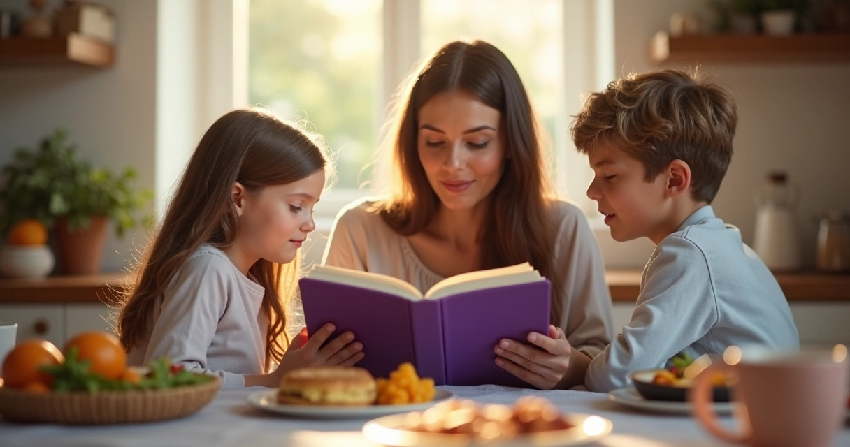 Mãe e dois filhos lendo devocional durante café da manhã