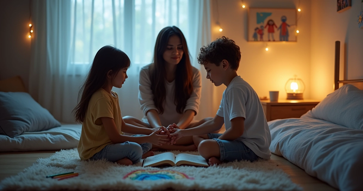 Mãe cristã orando com dois filhos pequenos no quarto ao anoitecer 