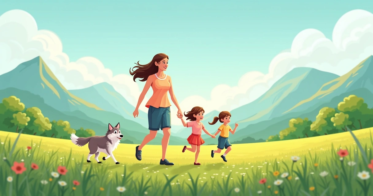 Mãe com filhos-lobo em um campo gramado 