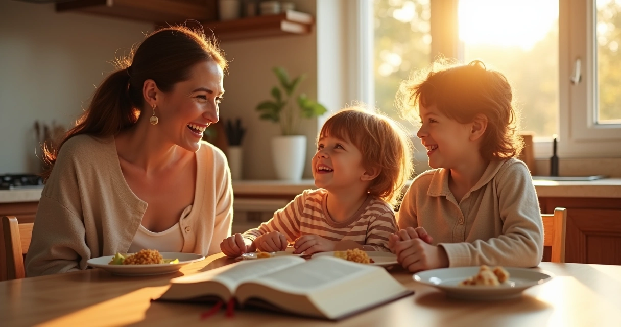 Mãe e filhos sorrindo juntos na mesa do café da manhã 