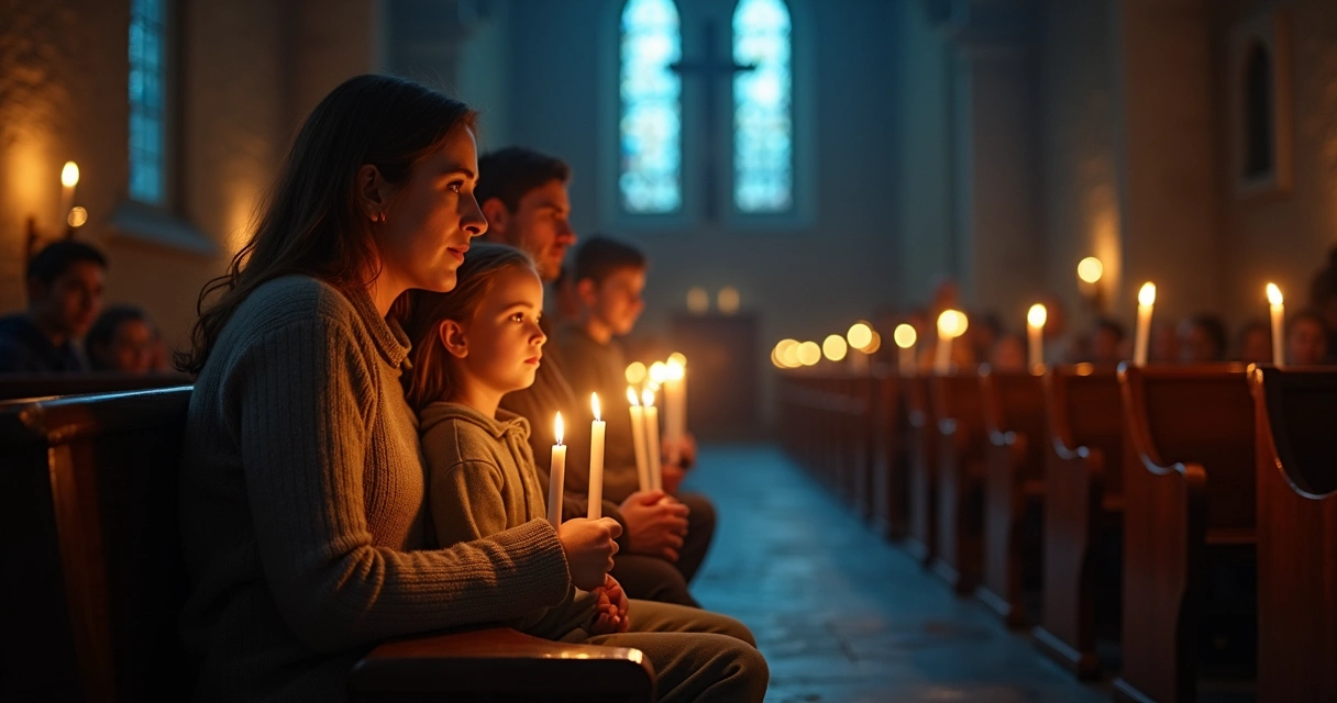 Mãe e filhos segurando velas acesas em igreja escura iluminada aos poucos 