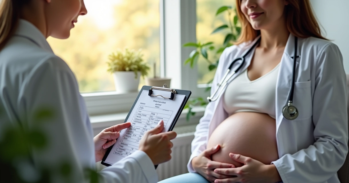 Gestante em consultório segurando a barriga em consulta com médico 