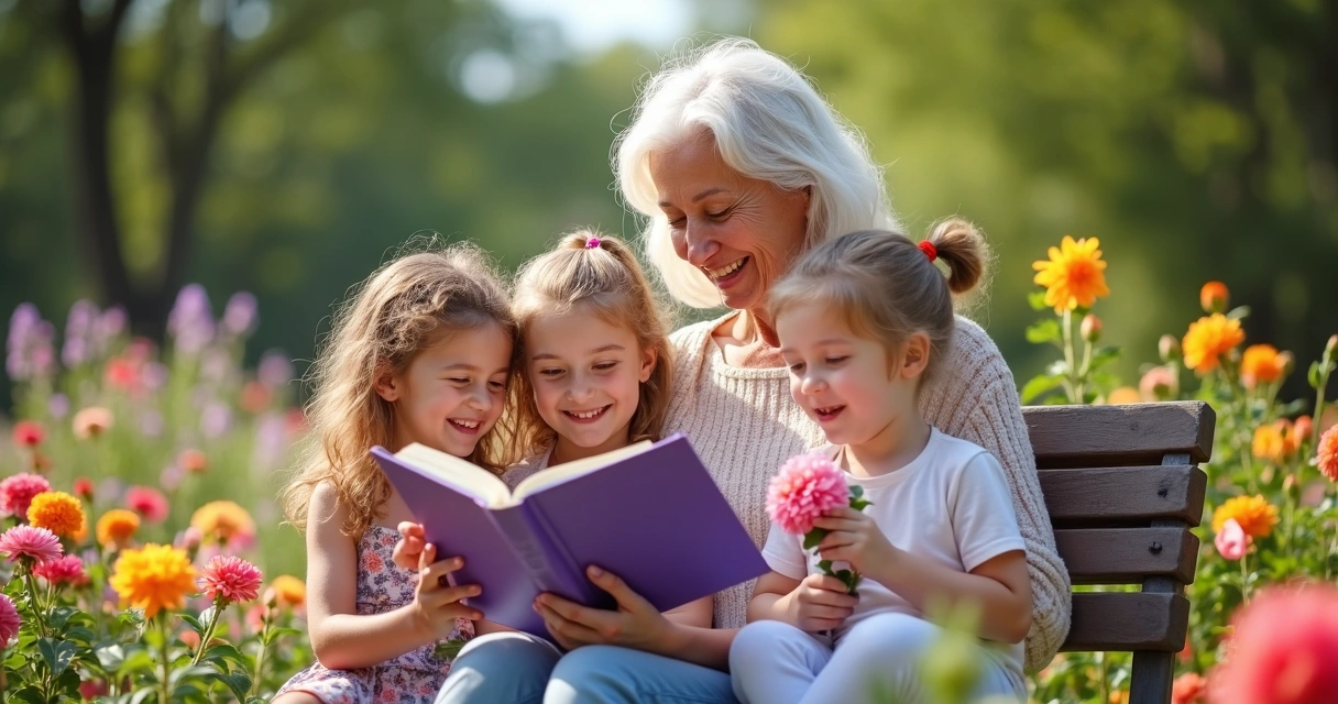 Mãe sorrindo em um jardim, lendo livro com filhos ao redor 