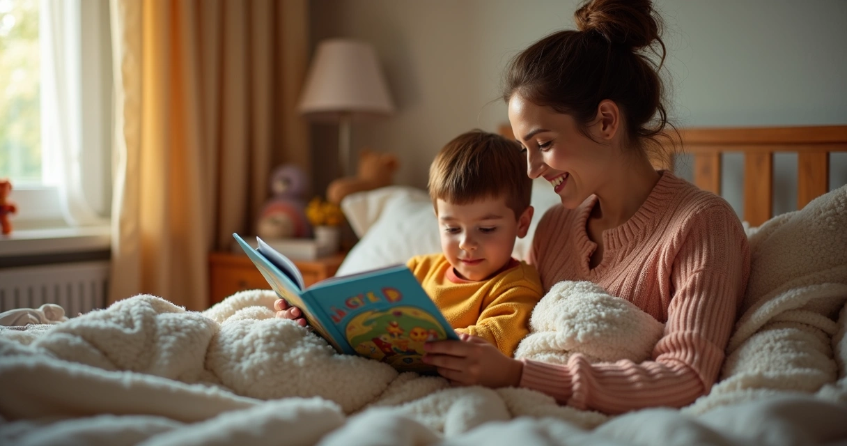 Mãe conta histórias para filho na cama 