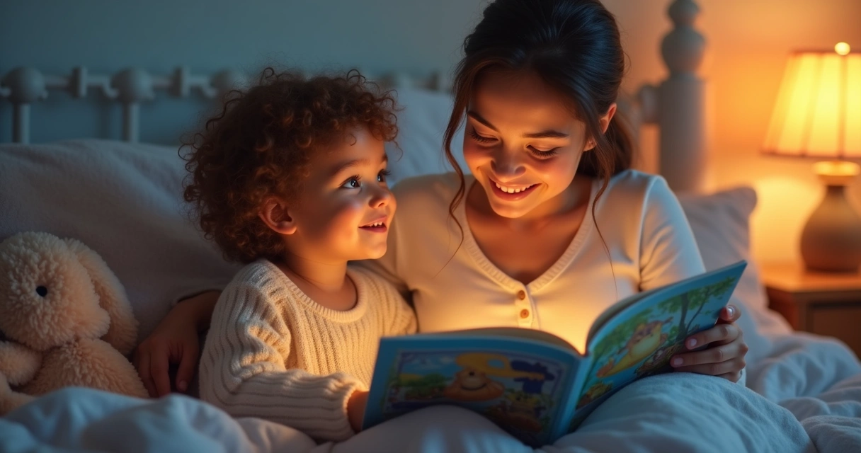 Mãe lendo historinha para o filho pequeno antes de dormir, em ambiente aconchegante e iluminado com luz quente 