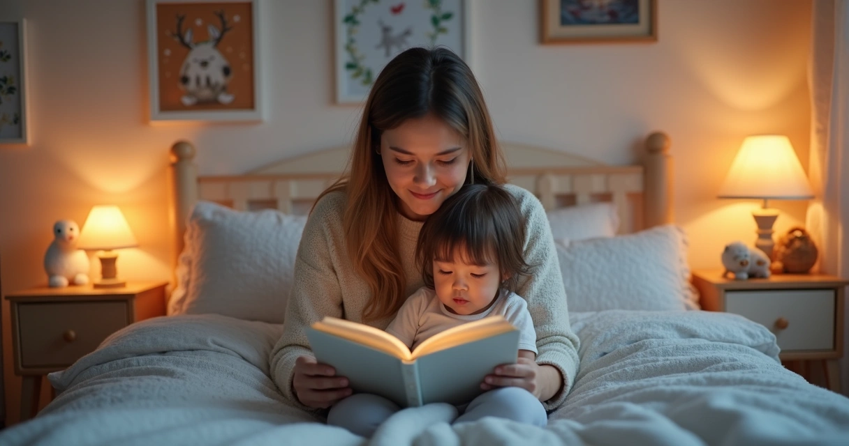 Mãe lendo uma história calma para criança pequena em quarto aconchegante com luz suave e decoração lúdica 