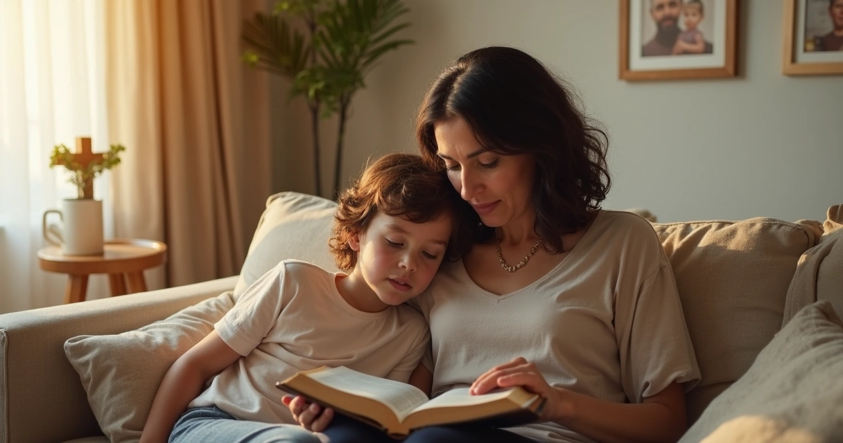 Mãe lendo a Bíblia ao lado do filho no sofá aconchegante 