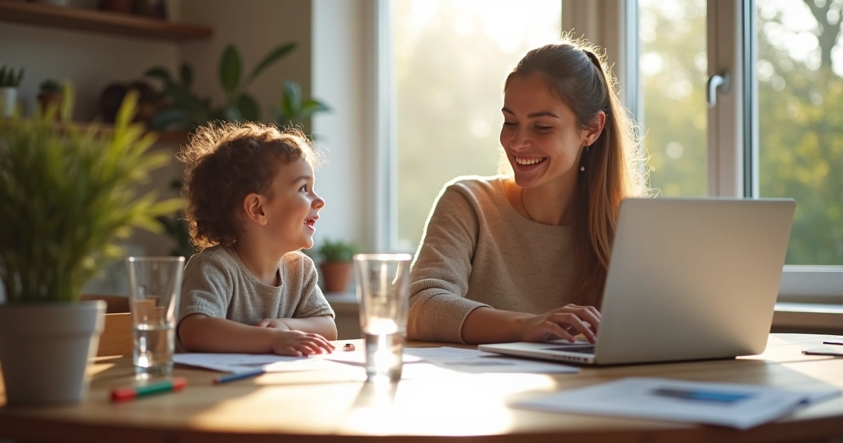 Mulher sentada à mesa com notebook e criança ao lado desenhando 