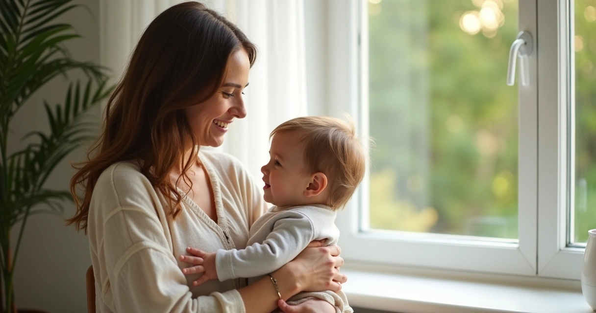 Mãe segurando filho no colo próxima à janela, ambos sorrindo 