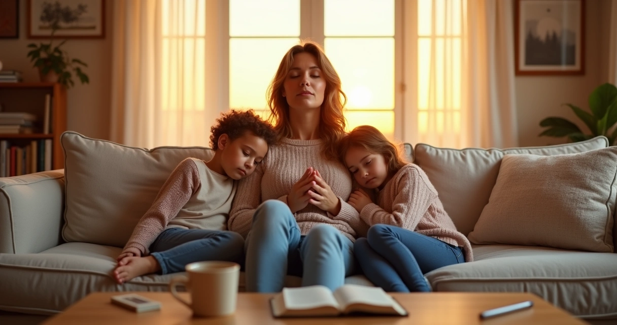 Mãe cristã em oração com dois filhos no sofá da sala ao entardecer 