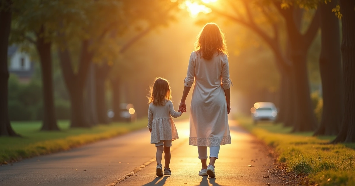 Mãe orando discretamente ao caminhar com filha até a escola