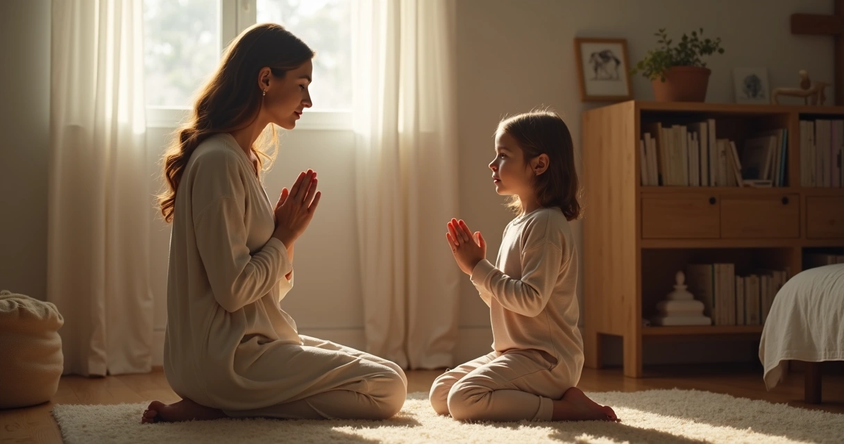 Mãe orando ao lado do filho no quarto