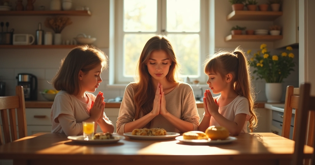Mãe com filhos pequenos em oração matutina 