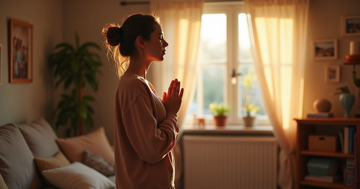 Mãe de olhos fechados em oração dentro de casa com um ambiente familiar acolhedor 