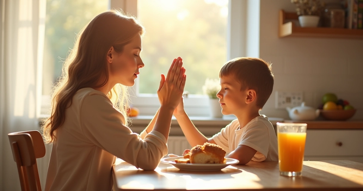 Mãe sentada à mesa, orando junto ao filho pequeno durante o café da manhã 