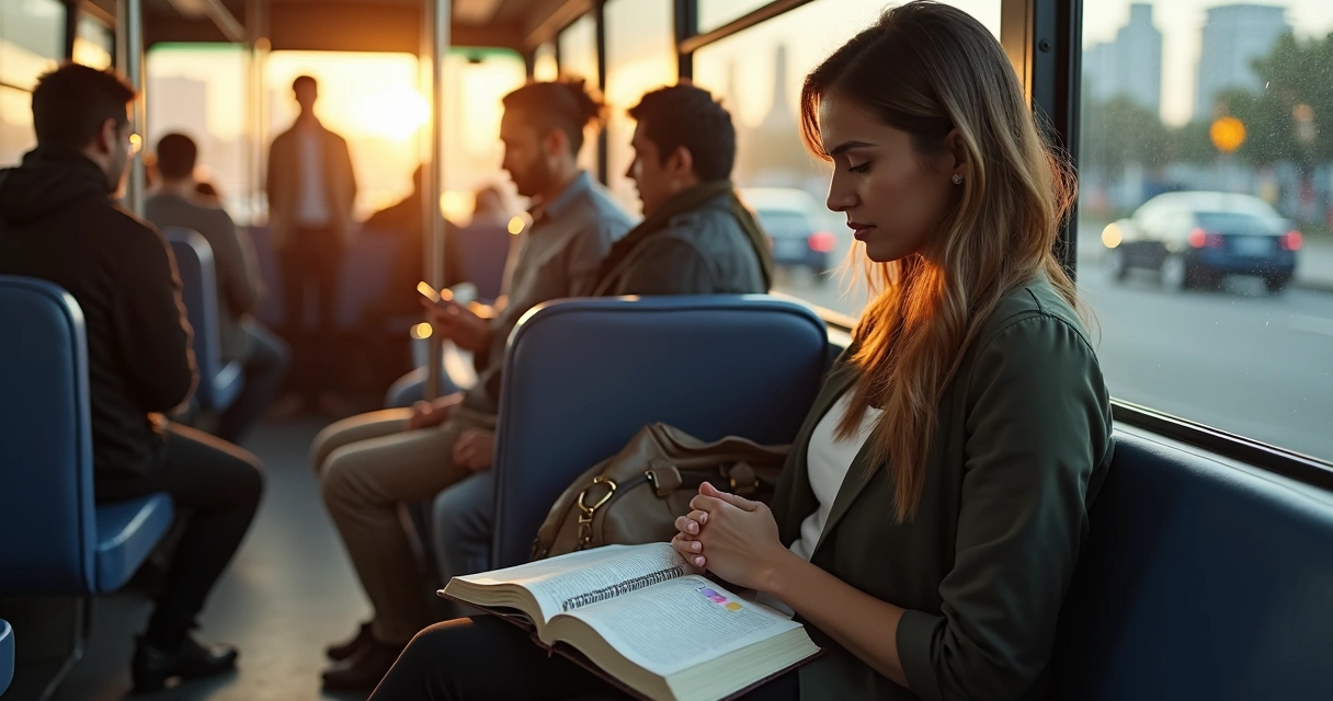 Mãe cristã orando discretamente com bíblia aberta durante trajeto de ônibus cheio ao amanhecer 