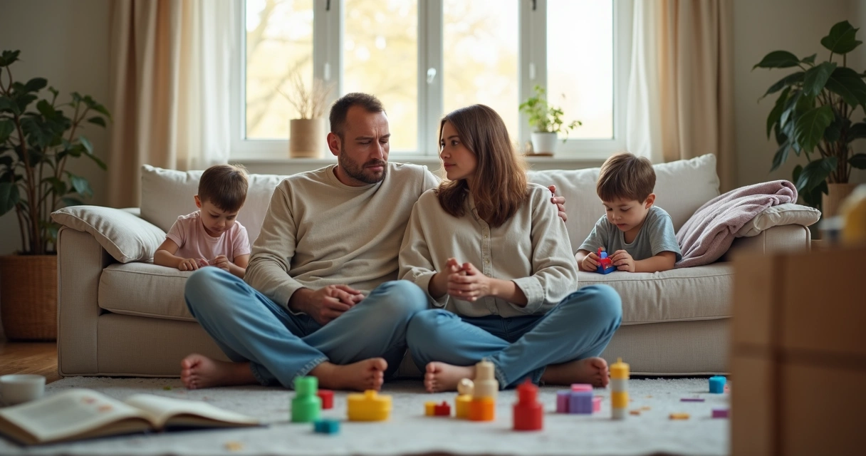 Mãe e pai esgotados sentados em sala cheia de brinquedos cuidados com filhos 