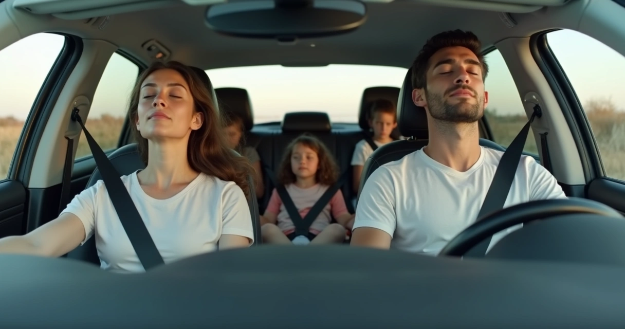 Mãe e pai meditam em carro enquanto filhos dormem no banco de trás 