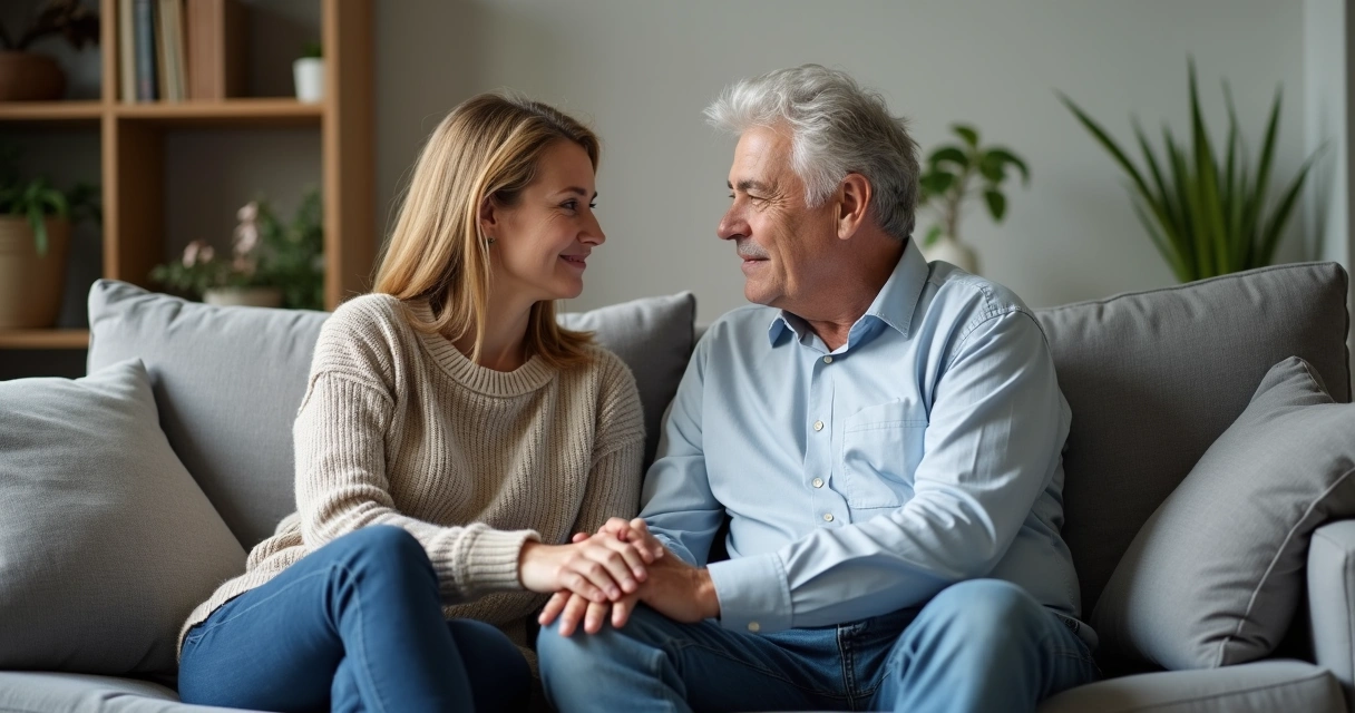 Casal sentado no sofá refletindo juntos 