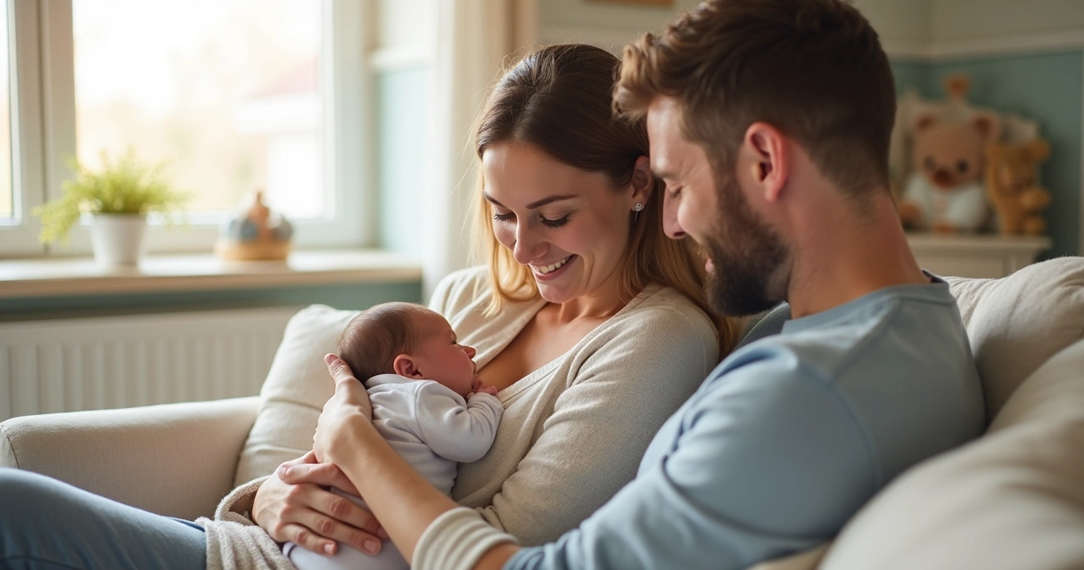 Mãe segurando bebê no colo com pai ao lado, ambiente acolhedor e iluminado 