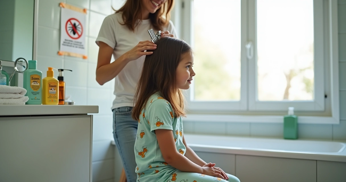 Mãe penteando o cabelo da criança com pente fino em ambiente infantil colorido 