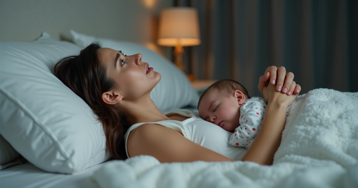 Mãe deitada na cama olhando para o teto, com expressão de preocupação. 