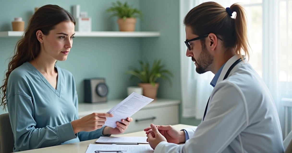 Mãe olhando exames com leve preocupação e médico ao lado 