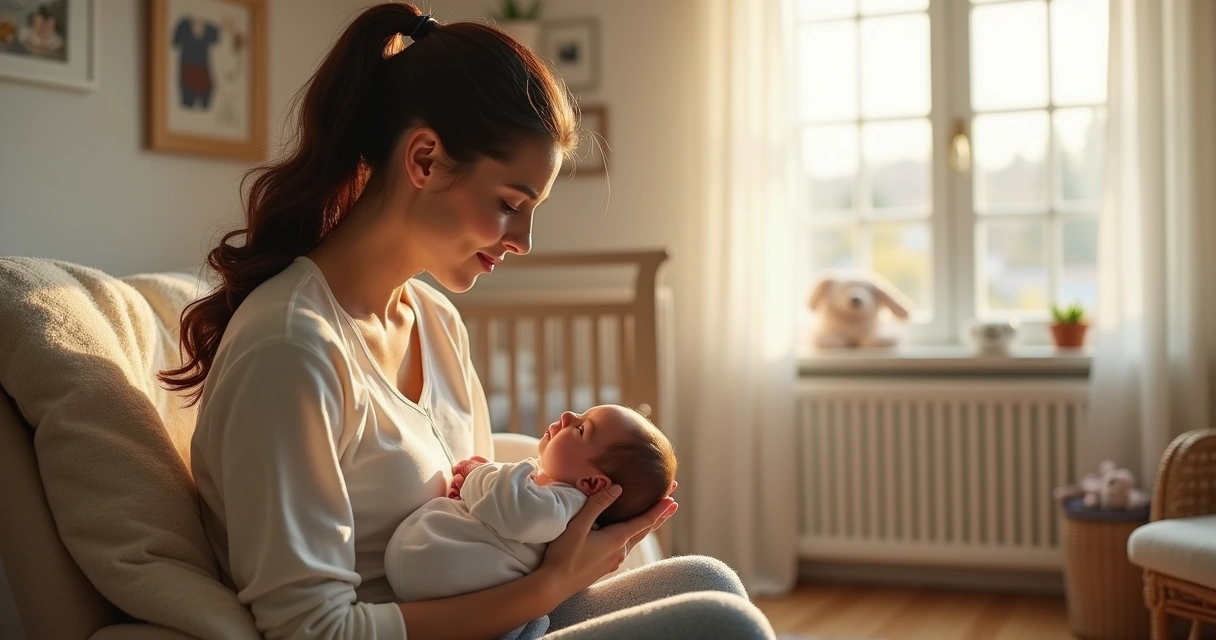 Mãe segurando o primeiro filho em braços dentro de casa acolhedora preparada para o recém-nascido 