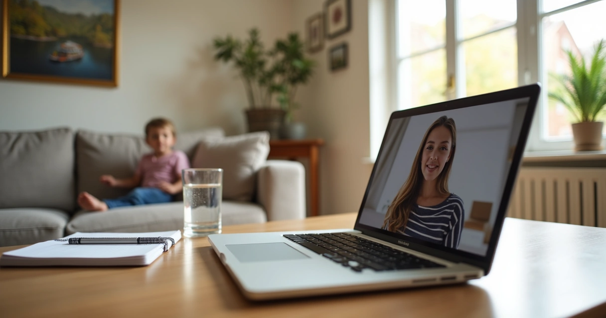 Profissional em home office com criança ao fundo, notebook aberto 