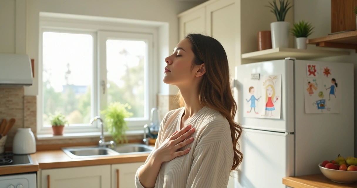 Mãe fazendo pausa para respirar na cozinha