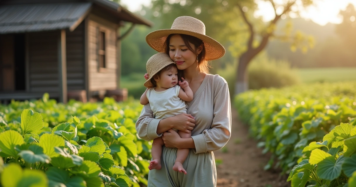 Mãe rural caminhando em plantação com bebê nos braços. 