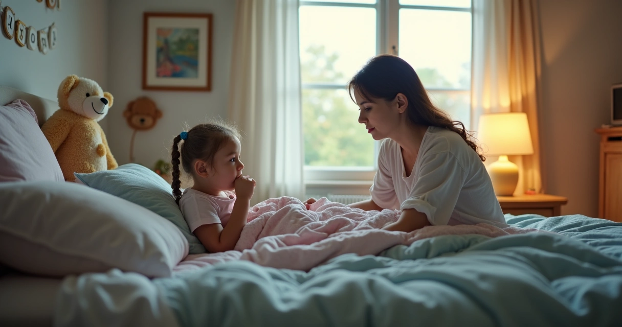 Mãe acompanhando filha tossindo à noite no quarto, com expressão de cuidado. 