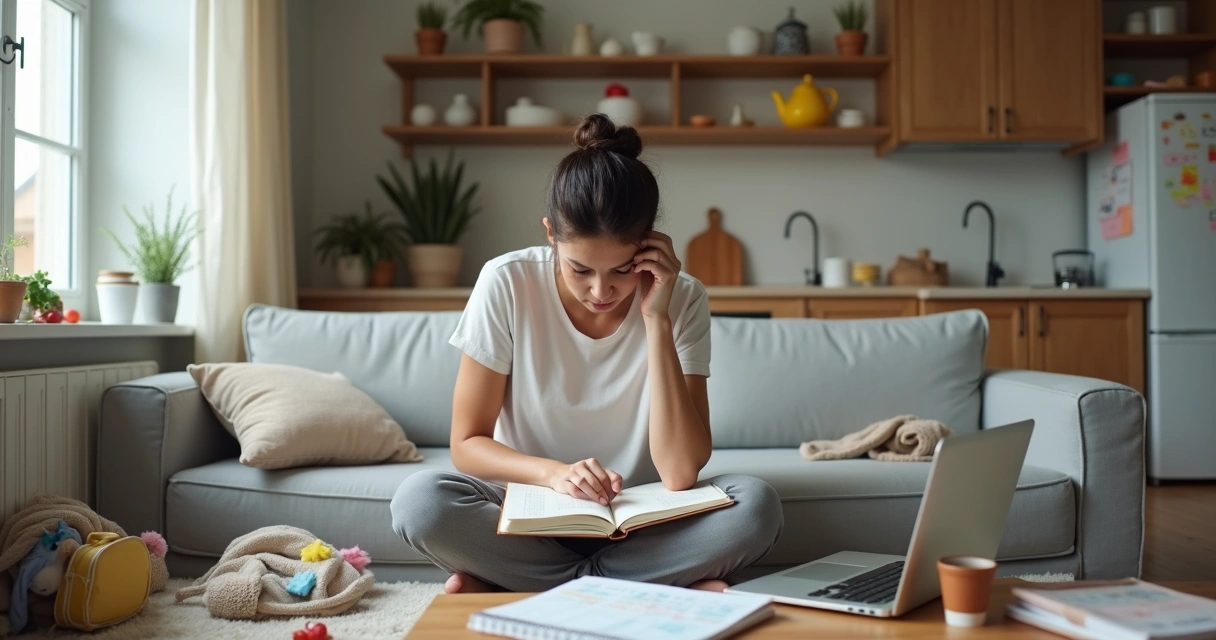 Mãe cansada sentada no sofá cercada por brinquedos e tarefas domésticas 